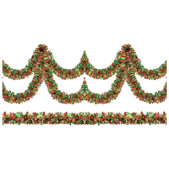 3 Pcs Christmas Red And Green Tinsel Garland Ornament, Glittering Multicolor Ribbon Xmas Tree And Staircase Banister Hanging Wreath Decor