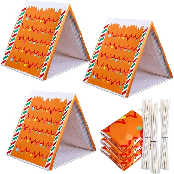 3 Pcs Christmas Sleepover Tent 45" x 33" Christmas Gingerbread House Brown Play Tent for Home Indoor Xmas Holiday Party