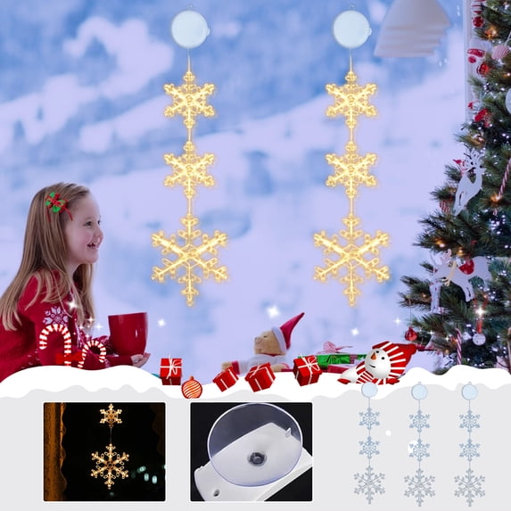 3 Pcs Christmas Snowflake Window Lights Decorations Battery Operated Snowflake Hanging Lights with Suction Cup & Twinkling Mode for Holiday Indoor Decor
