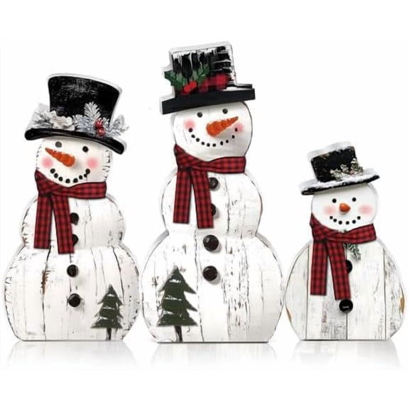 3 Pcs Christmas Snowman Wooden Decorations Rustic Snowman Table Centerpieces Block Sign for Xmas Holiday Party Winter Indoor Home Kitchen Office Room Decorations