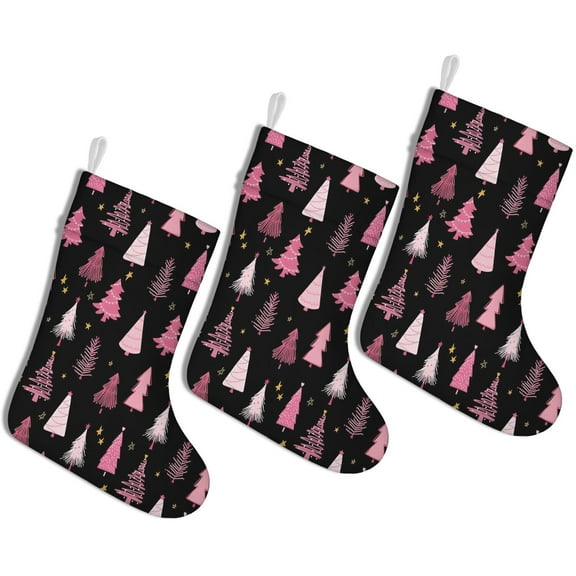 3 Pcs Christmas Stockings,Black and Pink Christmas Tree Pattern Stockings Christmas,14.8'' Xmas Stockings,Christmas Party Favors,Christmas Party Decorations,Christmas Stockings Personalized