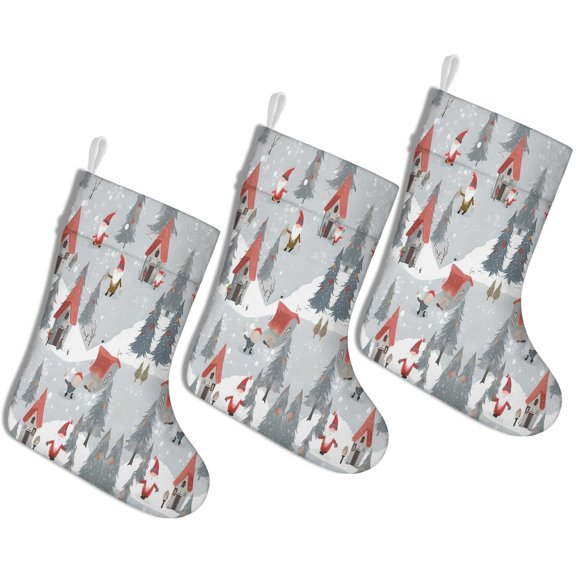 3 Pcs Christmas Stockings,Gray Christmas Gnome Village Pattern Stockings Christmas,14.8'' Xmas Stockings,Christmas Party Favors,Christmas Party Decorations,Christmas Stockings Personalized