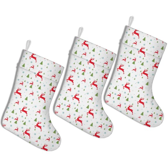 Christmas Stockings White Reindeer and Tree Pattern 3 Pcs 14.8 Inch