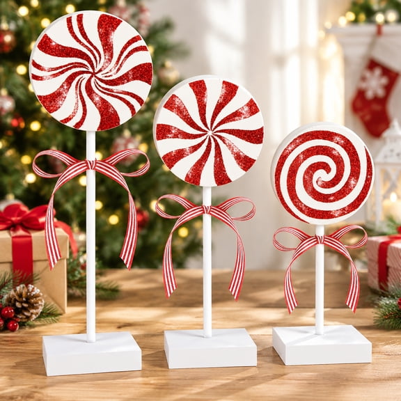 3 Pcs Christmas Table Decorations, Rustic Wood Candy Tiered Tray Decor, Red White Glitter Mint Lollipop Ornaments, Cute Spiral Christmas Kitchen Decor for Indoor Home Table Party Display