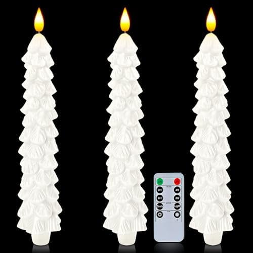 3 Pcs Christmas Tree Candles with Remote, Waxy Flameless Taper Candles Flickering, White LED Candlesticks Battery Operated for New Year Celebration Holiday Decorations 9.7 Inches
