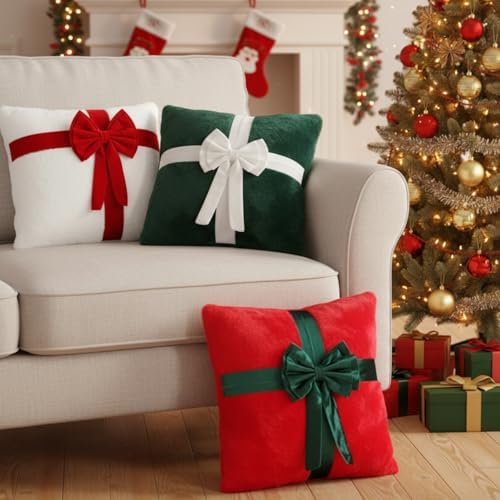3 Pcs Christmas Velvet Throw Pillows 18 x 18 Inch Decoration Xmas Gift Boxes Shaped Plush Pillow with Bow for Winter Xmas Home Bedroom Sofa Party Decoration$$Home Decor, Kitchen, & Other