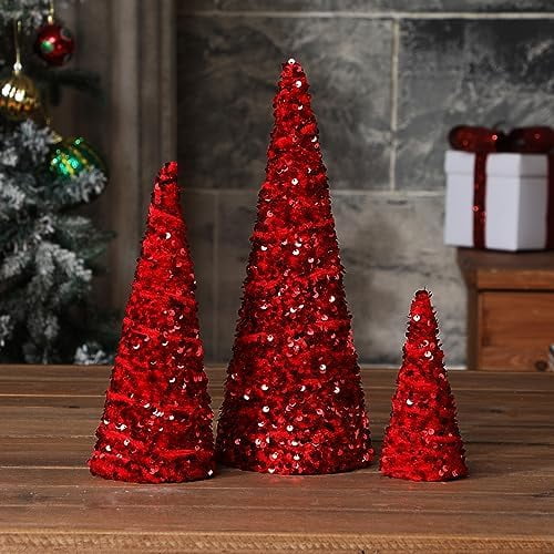 3 Pcs Christmas Velvet Trees Red Confetti Cone Tabletop Mini Modern Decorations Winter Holiday Mantel Shelf Decor for Farmhouse Dining Tables Centerpiece$$Home Decor, Kitchen, & Other