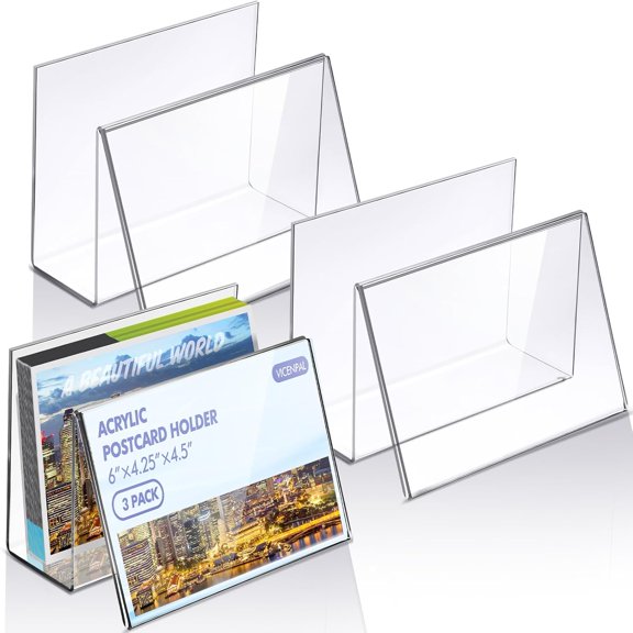 3 Pcs Clear Acrylic Postcard Display Holder Business Card Holder Greeting Card Display Clear Business Stand Rack for Index Organizer Desk Table Home Office, 6 x 4.25 x 4.5 Inches