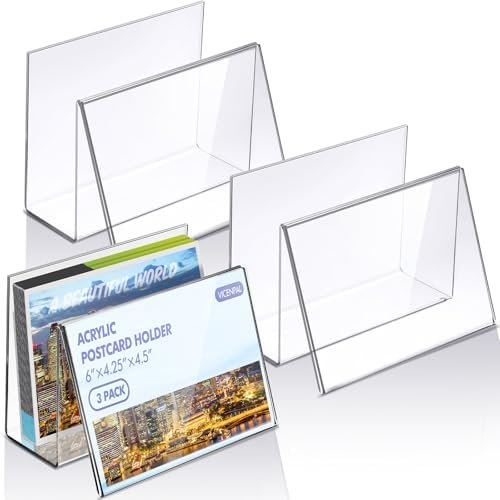 3 Pcs Clear Acrylic Postcard Display Holder Business Card Holder Greeting Card Display Clear Business Stand Rack for Index Organizer Desk Table Home Office, 6 x 4.25 x 4.5 Inches