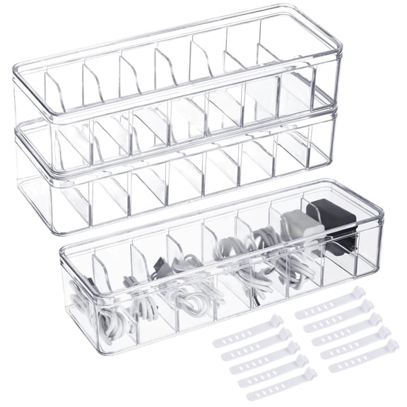 3 Pcs Clear Cable Organizer Boxes, Transparent Electronics Charger Storage With Lids, Detachable Dividers, 10 Cable Ties Included, Home Office Cord Management