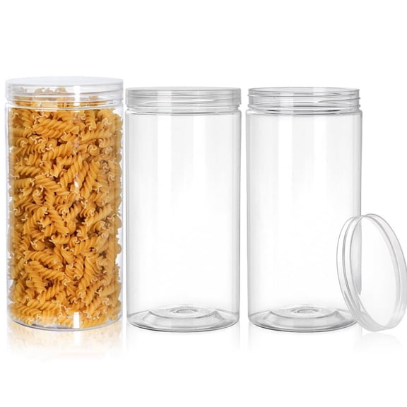 3 Pcs Clear Plastic Round Storage Jars, 6oz/1410ml Empty Plastic Jars with Lids, Clear Plastic Storage Jars with Screw on Lids for Dry goods, Noodles, Spices and More