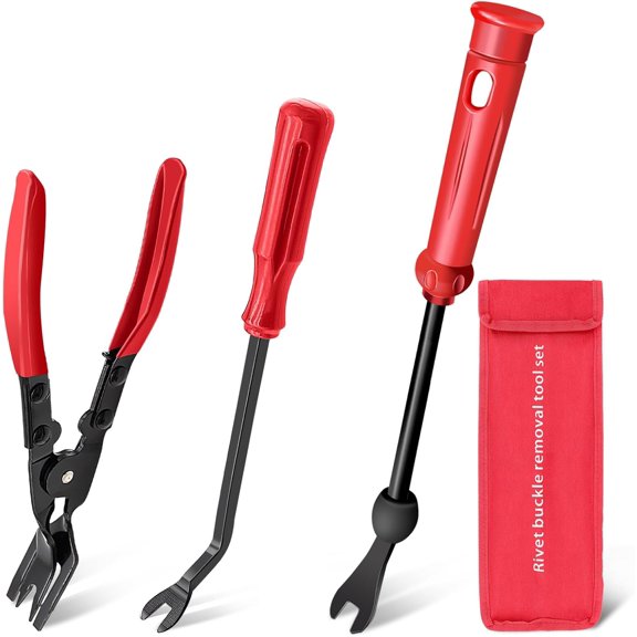 3 Pcs Clip Pliers and Fastener Remover,Clip Removal Tool Panel Car Trim Rivet Pry Repair Kit for Automotive Door Panel,Upholstery,Dashboard Red