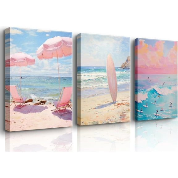 3 Pcs Coastal Wall Art Pink Beach Canvas Print Beach Aesthetic Wall Decor Summer ocean surfing poster for Bathroom Living Room Bedroom Girls Room Girls Dormitory Wall Decor