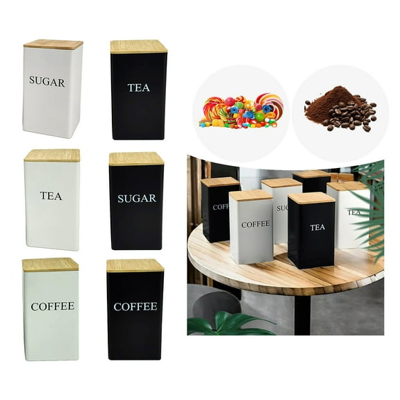 3 Pcs Coffee Tea Sugar Container Set, 1000 ml Vintage Kitchen Canister Set with Bamboo Lids, Metal Food Storage Container Jars for Kitchen Counter, Farmhouse Kitchen Decor (White)