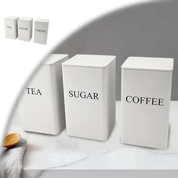 3 Pcs Coffee Tea Sugar Container Set, Metal Teas and Coffee Canister Set with Bamboo Lids, Food Storage Container Jars for Kitchen Counter Storage