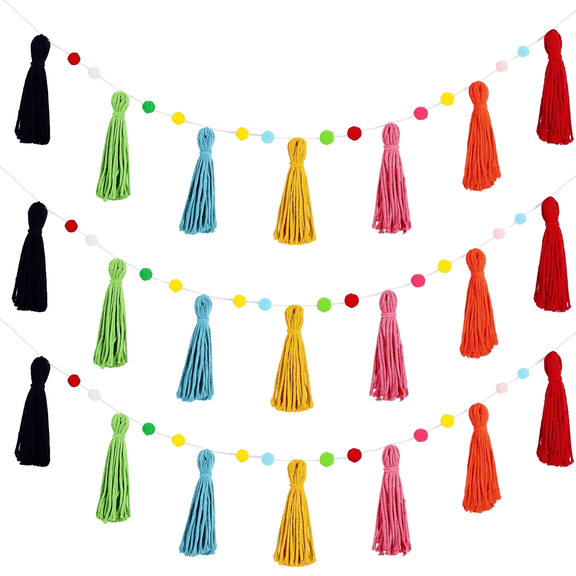 3 Pcs Colorful Boho Garland, Rainbow Pom Pom Tassel, 4.3 ft Wool Wall Decor, Bohemian Style for Little One's Nursery, Classroom Decorations, Home Party