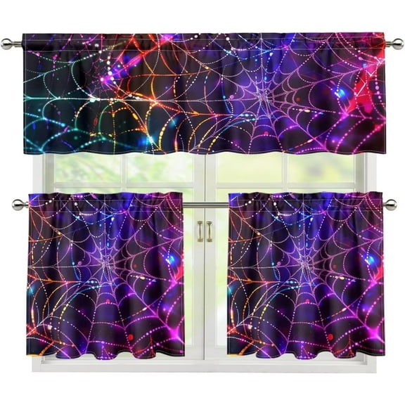 3 Pcs Colorful Cobweb Home Kitchen Dining Room Window & Tier Curtains Sets Horror Spooky Rod Pocket Valances Tiers Short Curtain Privacy Window Treatment for Bedroom, Halloween Decor
