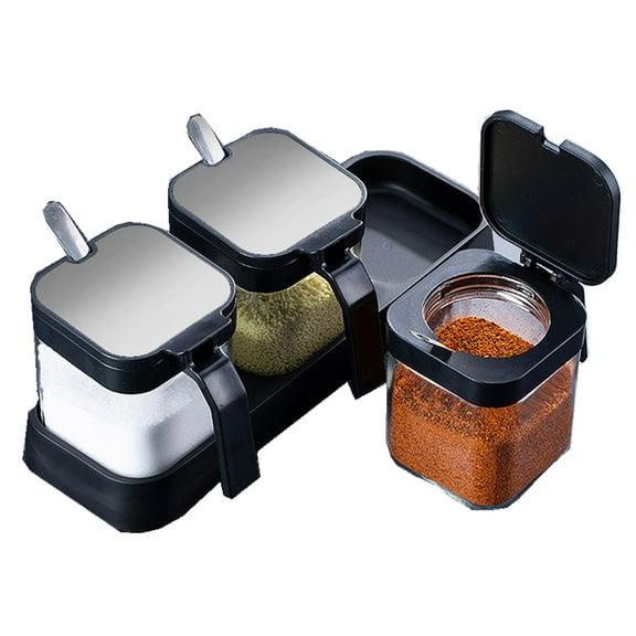 3 Pcs Condiment Canisters Pots Set, Decorative Storage Seasoning Glass Container Box with Spoon Lid and Base,Condiment Jar Spice Container for Home Kitchen caf Storing Salt Sugar Pepper SpiceBlack