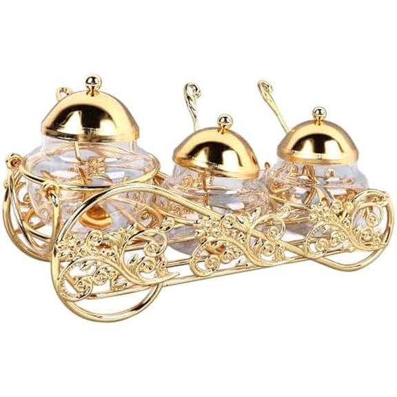 3 Pcs Condiment Jar Spice Containers with Lids and Spoon, European Style Gold Salt Sugar Container Sets, 10oz Glass Seasoning Containers with Shelf for Coffee Bar Kitchen Accessories