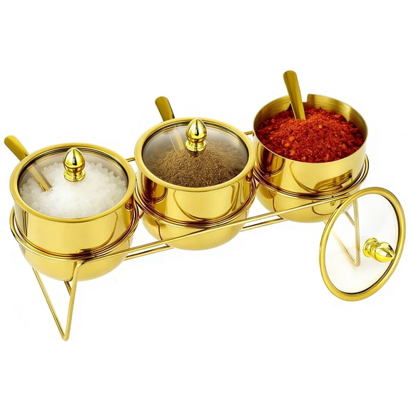 3 Pcs Condiment Pots Set with Spoons and Stand, Gold Stainless Steel Spice Jars with Clear Glass Lids, Serving Seasoning Containers for Kitchen, Dining Room, Barbecue