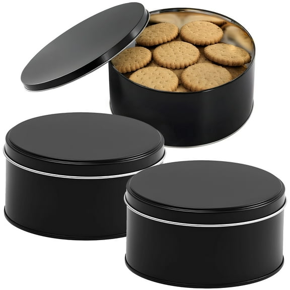 3 Pcs Cookie Tins with Lids, Round Present Tins, Matte Black Mousse Iron Boxes, Classic Design, Sturdy Storage for Various Items, 4.72.4"