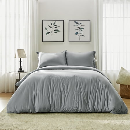 3 Pcs Cooling Full Duvet Cover Set with 8 Corner Ties, Gray