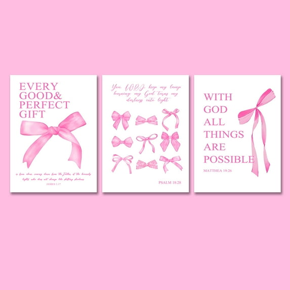 3 Pcs Coquette Pink Bow Poster Bible Wall Art Decor Blue Bow Bathroom Decor Canves Print Aesthetic Living Room Bathroom Decor Trendy Gifts
