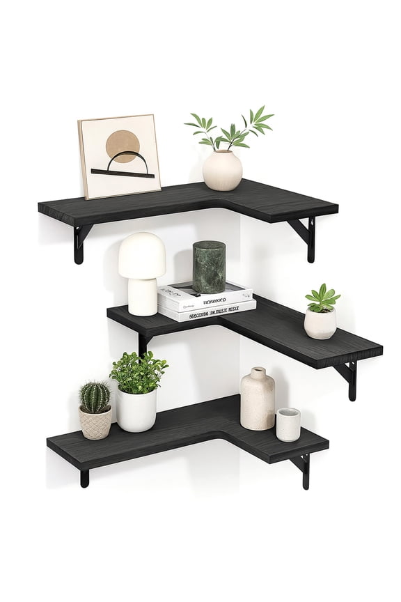 3 Pcs Corner Floating Shelves for Wall, Black L-Shaped Rustic Wood Storage, Space Saving Wall Mounted Display for Living Room Bedroom Kitchen, Paulownia Decor Set
