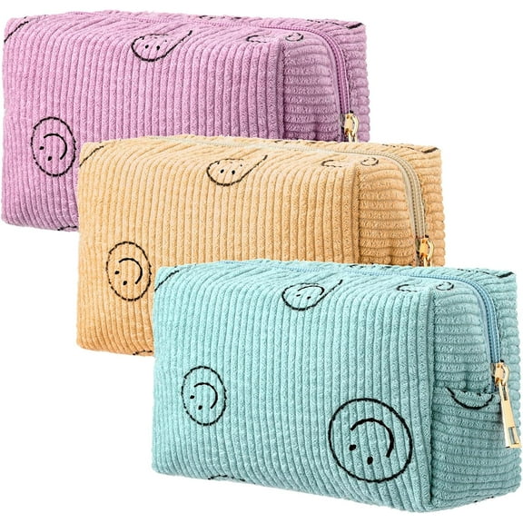 3 Pcs Cosmetic Pouch, Small Aesthetic Preppy Corduroy Makeup Bag for Purse