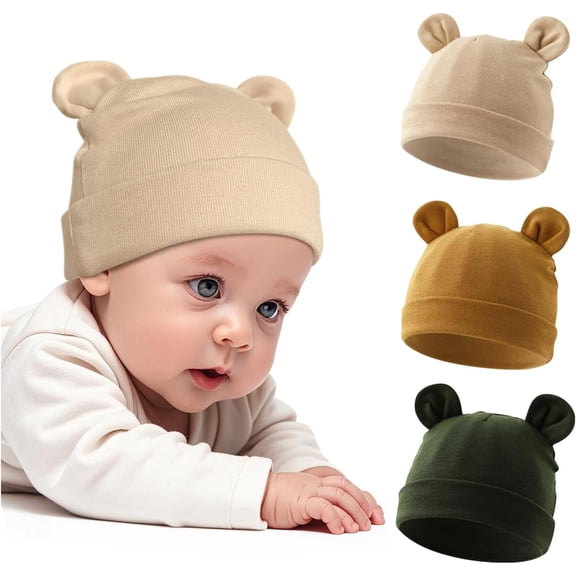 3 Pcs Cotton Newborn Hats for Unisex, Bear Ears Baby Girl Boy Beanie Hat for Newborn, Infant, Toddler Cap