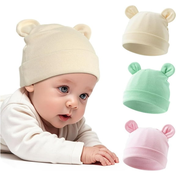 3 Pcs Cotton Newborn Hats for Unisex, Bear Ears Baby Girl Boy Beanie Hat for Newborn, Infant, Toddler Cap