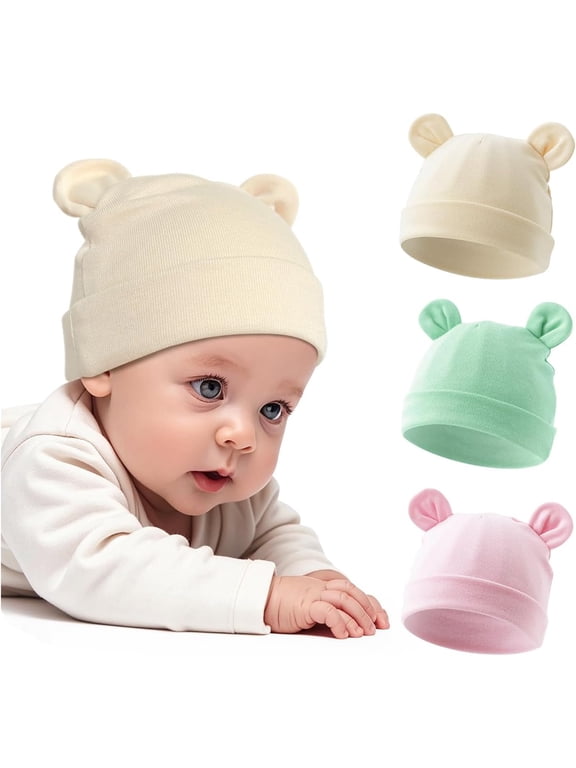 3 Pcs Cotton Newborn Hats for Unisex, Bear Ears Baby Girl Boy Beanie Hat for Newborn, Infant, Toddler Cap