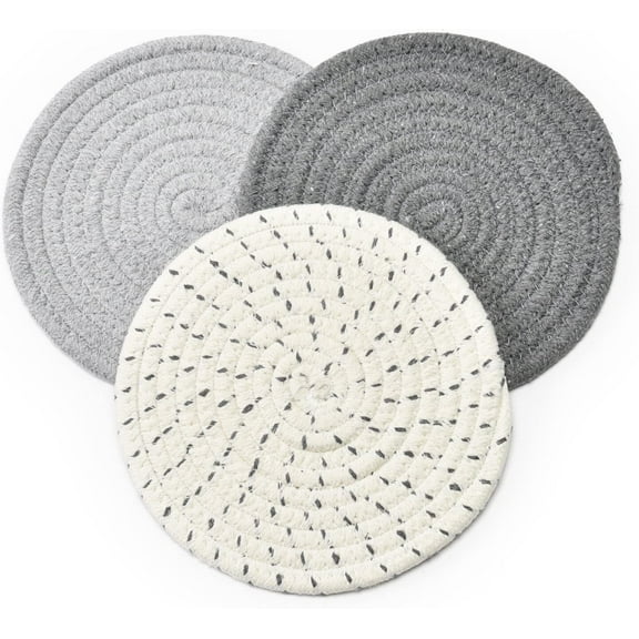 3 Pcs Cotton Thread Weave Hot Pot Holders, Multi-use Hot Mats Non-Slip Stylish Coasters Insulation Hot Pads Trivet for Cooking and Baking by Diameter 7 Inches, Grey Set