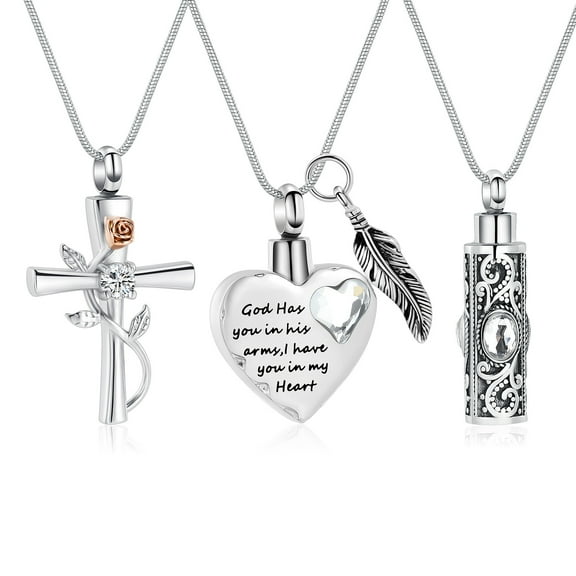 3 Pcs Cremation Jewelry Heart / Cylinder / Rose Flower Urn Necklace Ashes Cremation Jewelry Stainless Steel Memorial Pendants Gift Funeral Ash Holder