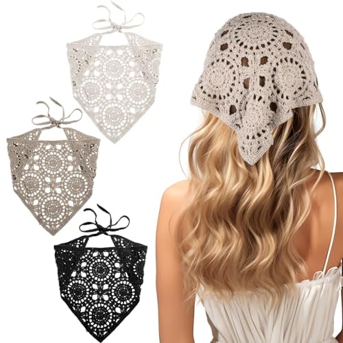3 Pcs Crochet Bandanas Headbands, Crochet Headband Knitted Triangle Head Hair Scarf, Vintage Knit Lace Floral Hollow Kerchief Hairband for Hair Styling Accessories Decor (Beige/Black/Gray)