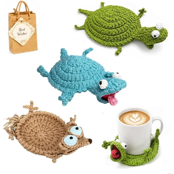 3 Pcs Crochet Coaster, Funny Hand‑Knitted Animal Cup Mat, 5.12In Heat Insulation Table Pad for Mugs, Teacups, Kitchen Countertop, Dining Table & Desk Decor