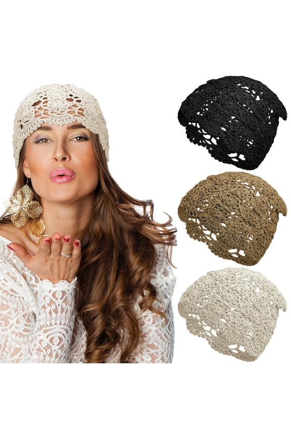 3 Pcs Crochet Slouchy Beanie Hat Women Handmade Knit Floral Summer Skull Cap Stretchy Lightweight Cotton Cutout