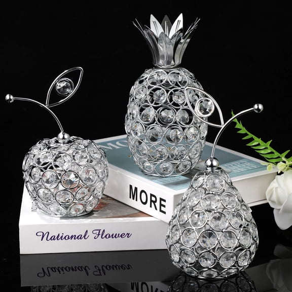 3 Pcs Crystal Fruit Table Centerpieces, Silver Crystal Metal Pineapple Pear Apple Set, Shiny Dining Table Decorations, Hollow Design, Fruit Ornaments for Home, Weddings, Parties