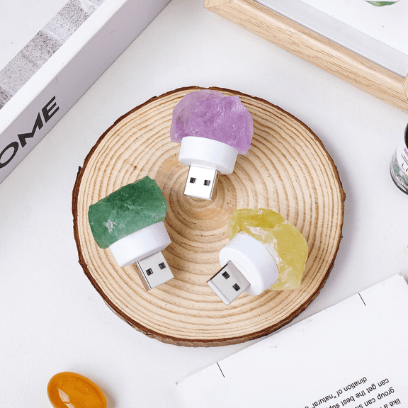 3 Pcs Crystal Night Lamp, Raw Gemstone LED Light, Natural Amethyst Citrine Green Fluorite Home Decor, USB Bedside Light for Bedroom Desktop Christmas Accent