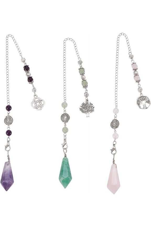 3 Pcs Crystal Pendulum for Divination 3 Styles Natural Gemstone Dowsing Pendulum with Round Ball Stone Point Pendulums Witchcraft Wiccan Accessories for Meditation Yoga