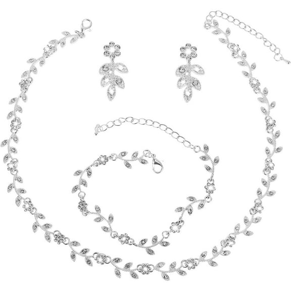 3 Pcs Crystal Rhinestone Wedding Set for Women Silver Wedding Necklace and Earring Set Bridal Bridesmaid Prom Costume Formal Jewelry Sets Accessories