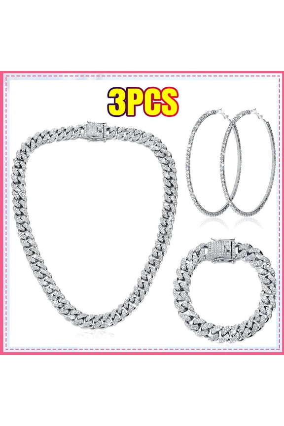 3 Pcs Cuban Link Chain Bracelet 24 Inch Necklace Rhinestone Hoop Earrings Bling Crystal Hip Hop Jewelry for Women(Silver)