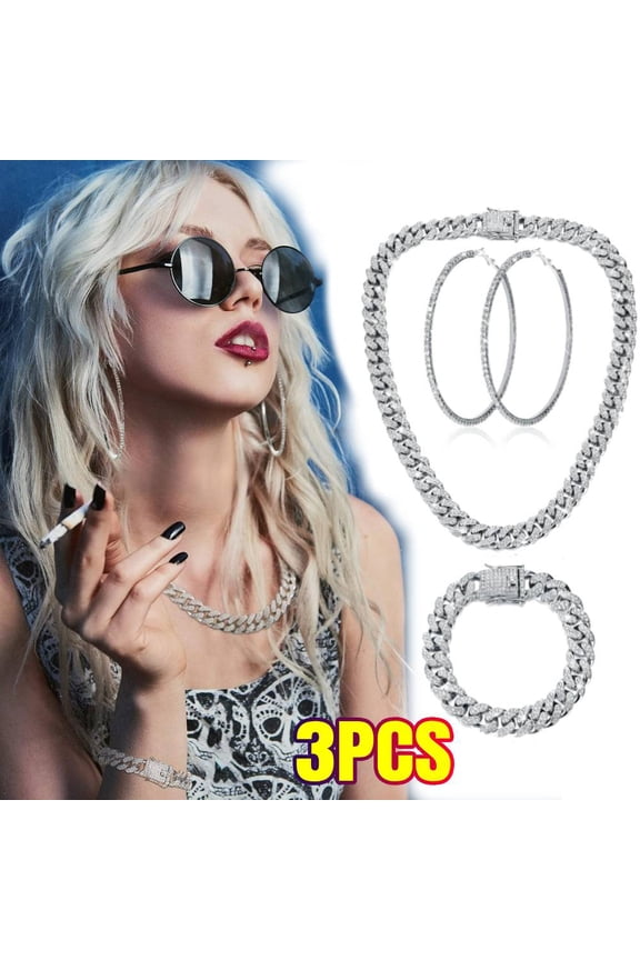 3 Pcs Cuban Link Chain Necklace Bracelet Rhinestone Hoop Earrings Bling Crystal Hip Hop Jewelry for Women(24 Inch,Silver)