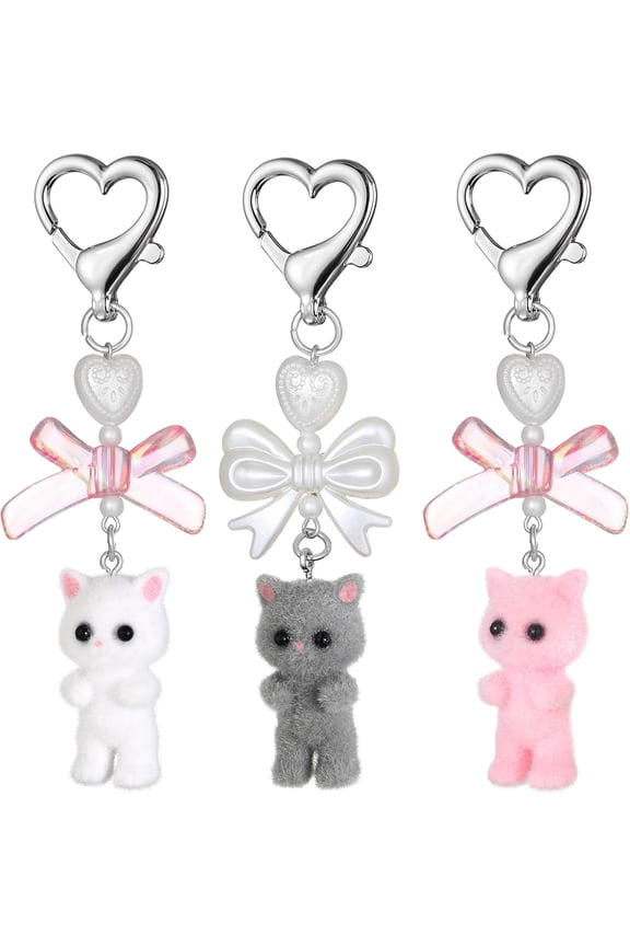 3 Pcs Cute Cat Keychain, Fuzzy Cat Keychain Stylish Cute Keychains Y2K Bow Heart Keychains for Women Girls Cats Backpack Charm