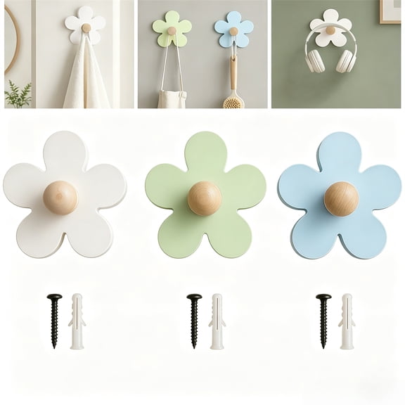 3 Pcs Cute Flower Wall Hooks with Screws, GIXUSIL 3.94" Wooden Hangers, Daisy Shape Decorative Towel Holder for Bedroom Entryway Kitchen, Housewarming Gift (White/Green/Blue)