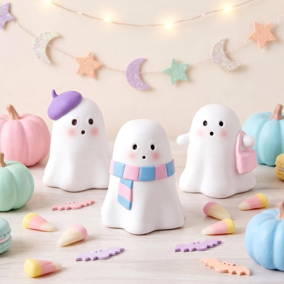 3 Pcs Cute Ghost Halloween Tabletop Figurines,Cute Ghost Resin Statues,Pastel Sweet Spooky Decor for Mantel Table Tiered Trays Shelves Halloween Party Home Party Decor Supplies