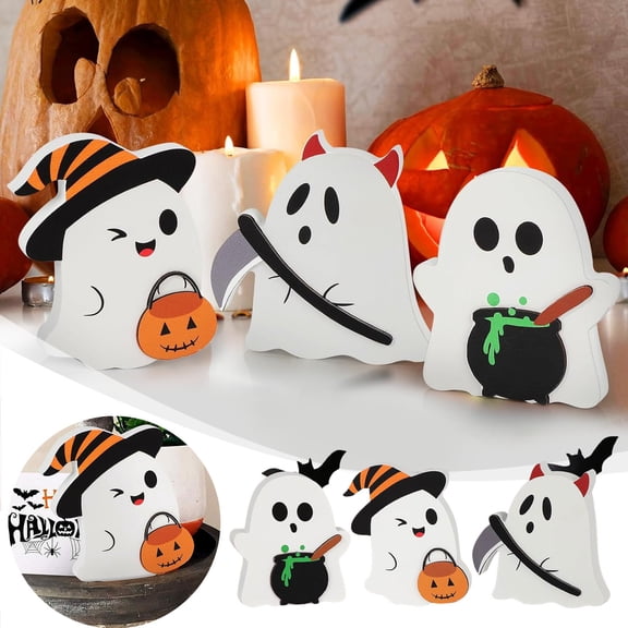 3 Pcs Cute Halloween Ghost Figurines Set | Wooden Tiered Tray Signs with Bats & Pumpkins | Kitchen Home Decor | 4-5 inch Standing Decorations for Shelf Table Centerpiece