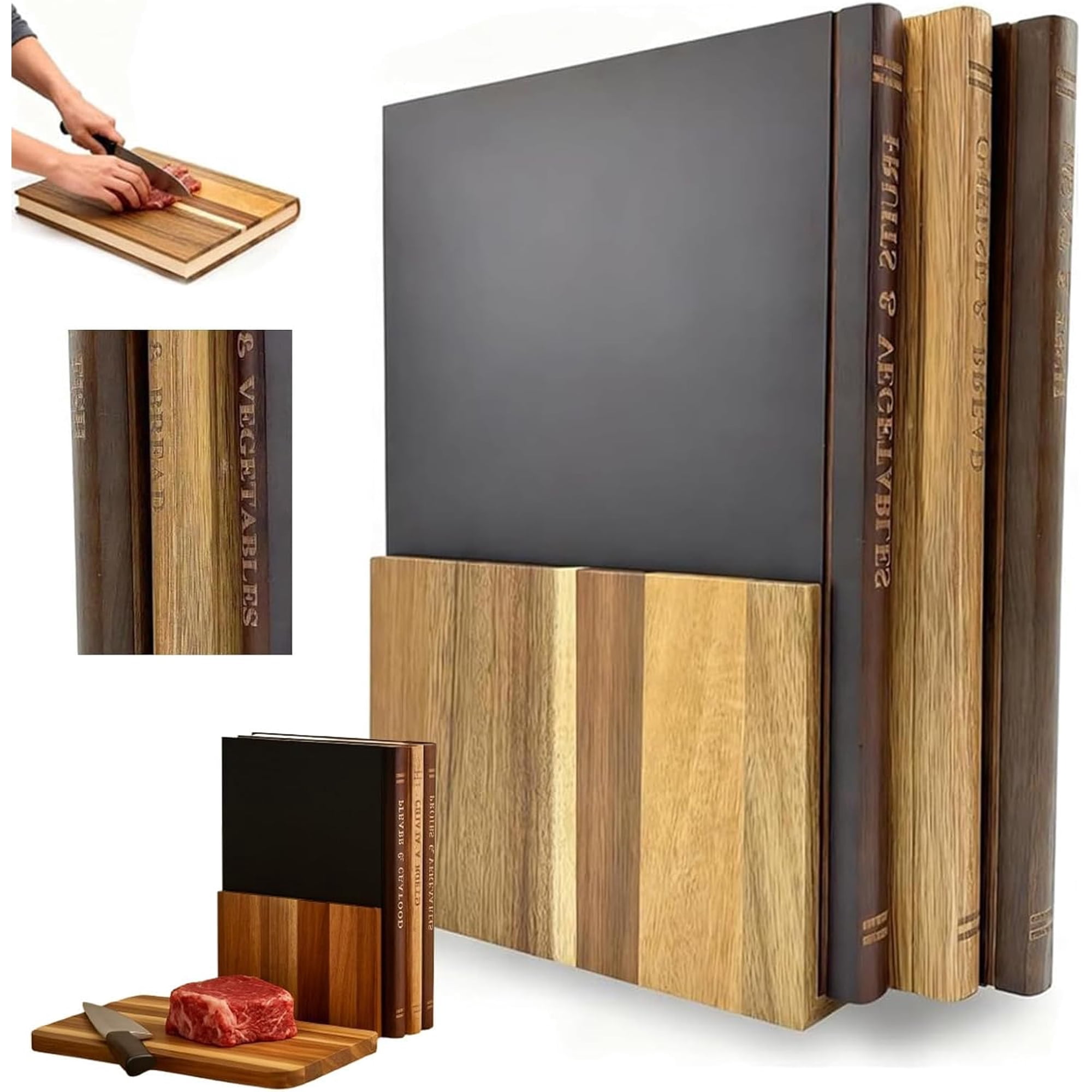 3 Pcs Cutting Board Set with Stand, Solid Wood Cuttings Boards for Fruits, Space Saving Vegetables, Meat, Fish, Cheese and Bread for Kitchen for the Books Loving Chef