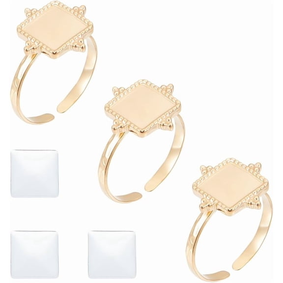 3 Pcs DIY Blank Square Ring Stainless Steel Open Cuff Ring Making Kit Real 14K Gold Plated Golden with Glass Cabochons Rings 17.6mm Base Ring Bezel Tray for Jewelry Making for DIY