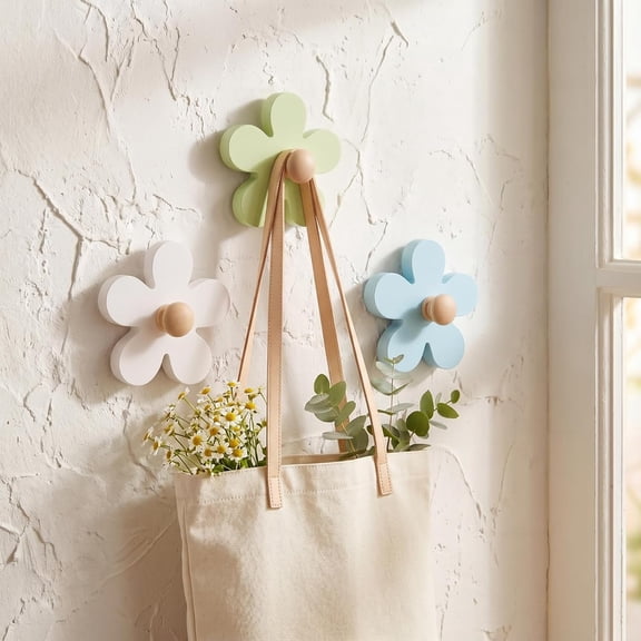 3 Pcs Daisy Wall Hooks Wood Flower Towel Hooks Cute Daisy Flower Decorative Wall Mount Hangers for Bathroom Kitchen Bedroom Home Decor Entryway Robe Towel Clothes Hats (White, Green, Blue)